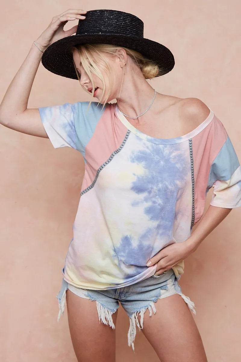 BiBi Tie Dye Printed Cotton Color Block T-Shirt - Shop Style & More | Fresh Looks, Everyday Deals & Free Shipping