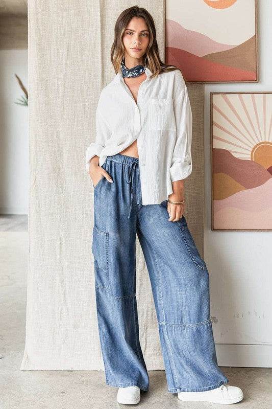 Mittoshop Washed Elastic Waist Cargo Wide Leg Pants - Shop Style & More | Fresh Looks, Everyday Deals & Free Shipping