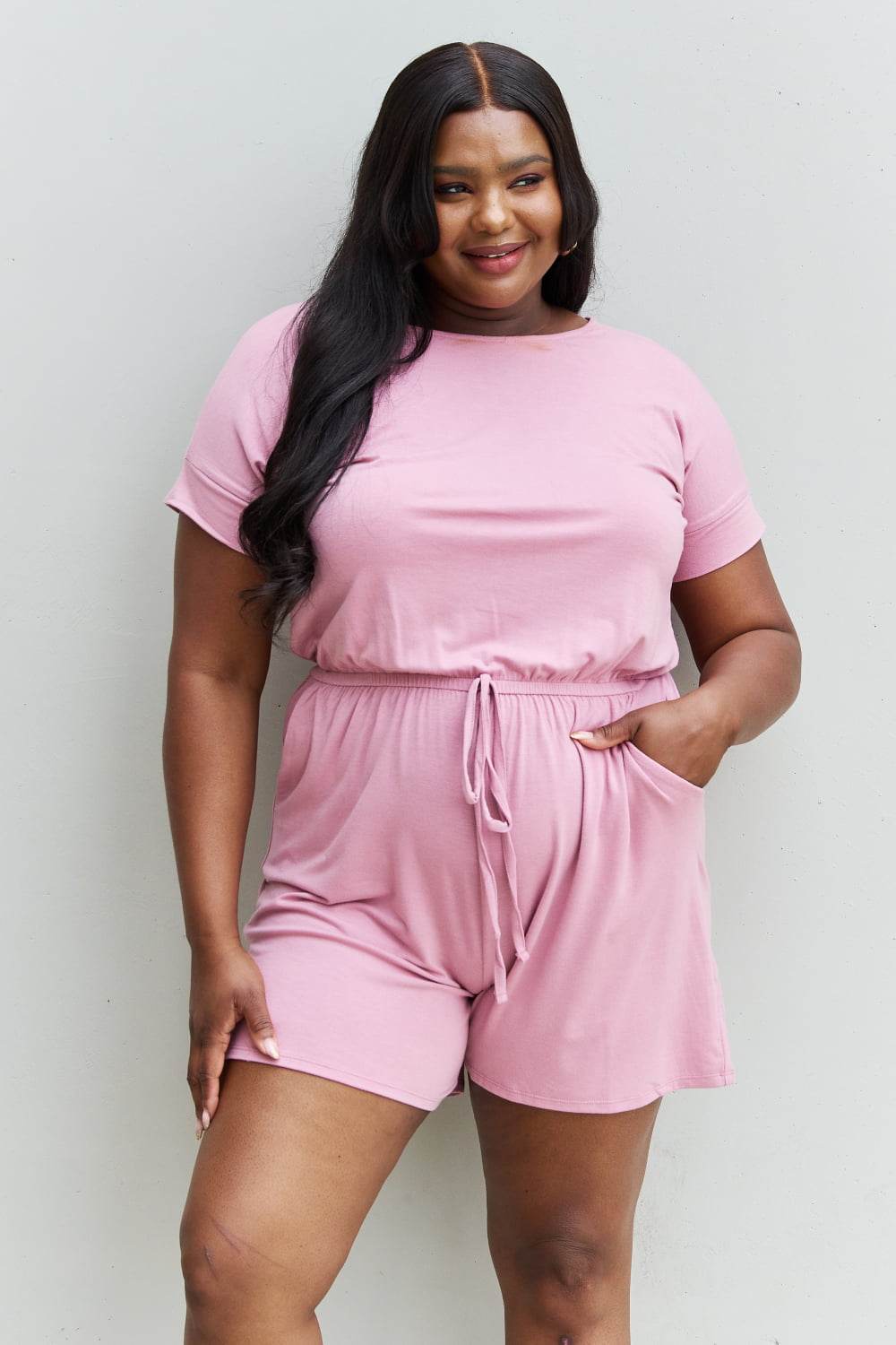 Zenana Chilled Out Full Size Short Sleeve Romper in Light Carnation Pink - Shop Style & More | Fresh Looks, Everyday Deals & Free Shipping