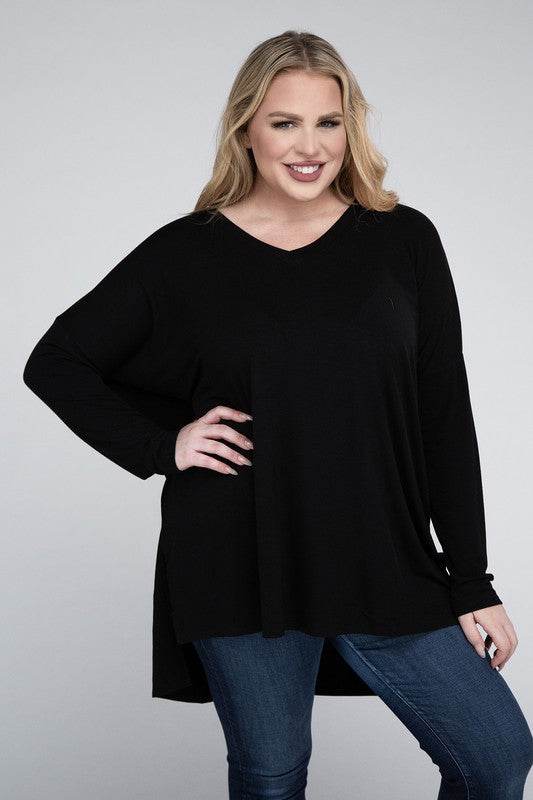 Plus Dolman Sleeve V-Neck Side Slit Hi-Low Hem Top - Shop Style & More | Fresh Looks, Everyday Deals & Free Shipping