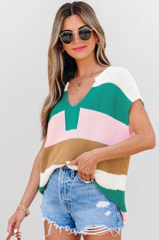 Elliot Color Block Notch V Neck Sweater Top - Shop Style & More | Fresh Looks, Everyday Deals & Free Shipping