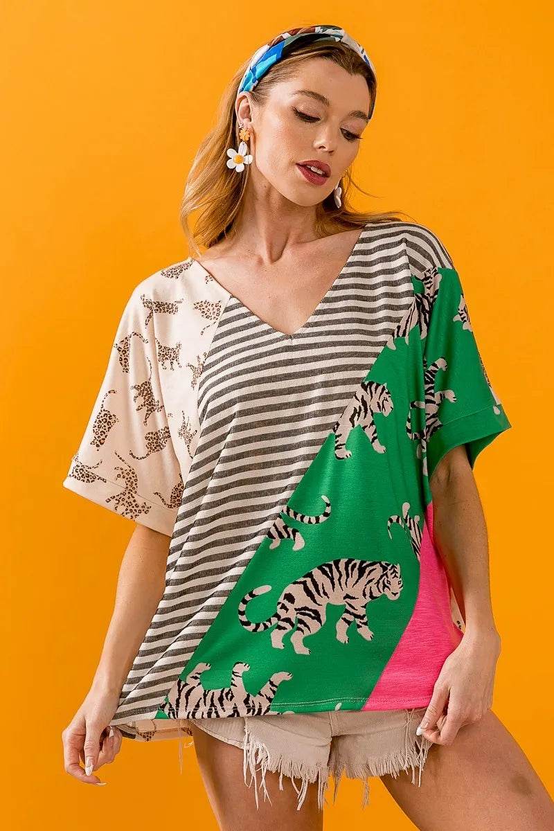 BiBi Tiger W Stripe Contrast Color Block V Neck Top - Shop Style & More | Fresh Looks, Everyday Deals & Free Shipping