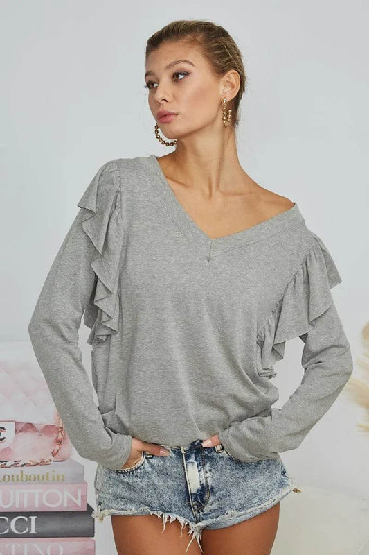 BiBi Triblend V Neck Top with Shoulder Shrring Detail - Shop Style & More | Fresh Looks, Everyday Deals & Free Shipping
