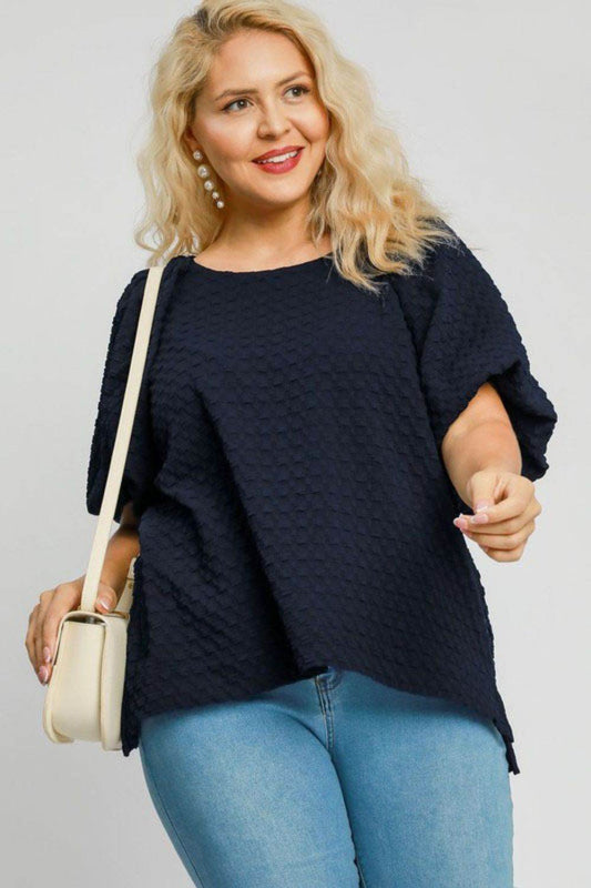 Umgee Full Size Boxy Cut Jacquard Round Neck Top with Side Slit Plus Size - Shop Style & More | Fresh Looks, Everyday Deals & Free Shipping