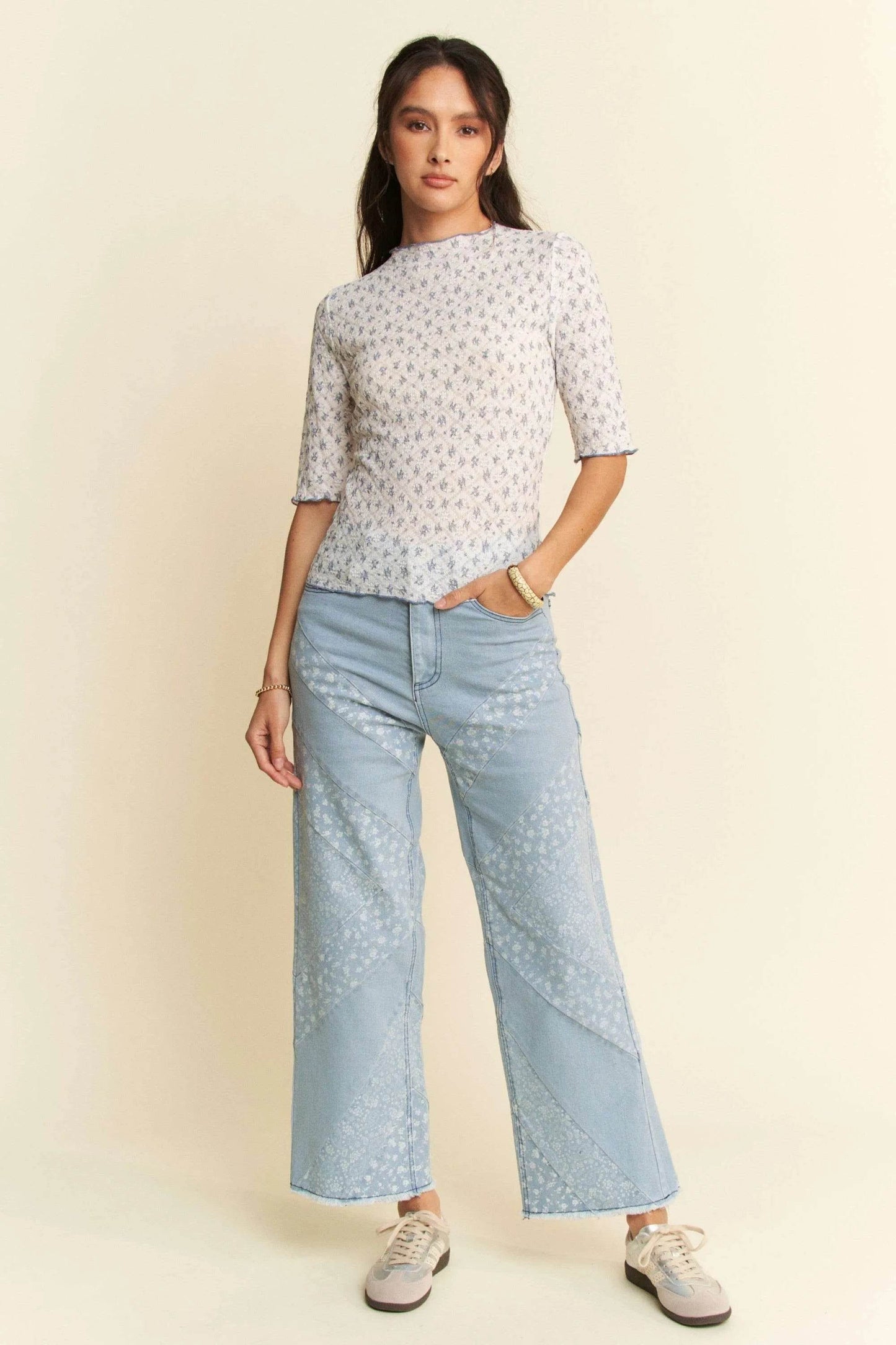 Davi & Dani Lace Stretch Floral Marrow Edge Half Sleeve Top - Shop Style & More | Fresh Looks, Everyday Deals & Free Shipping