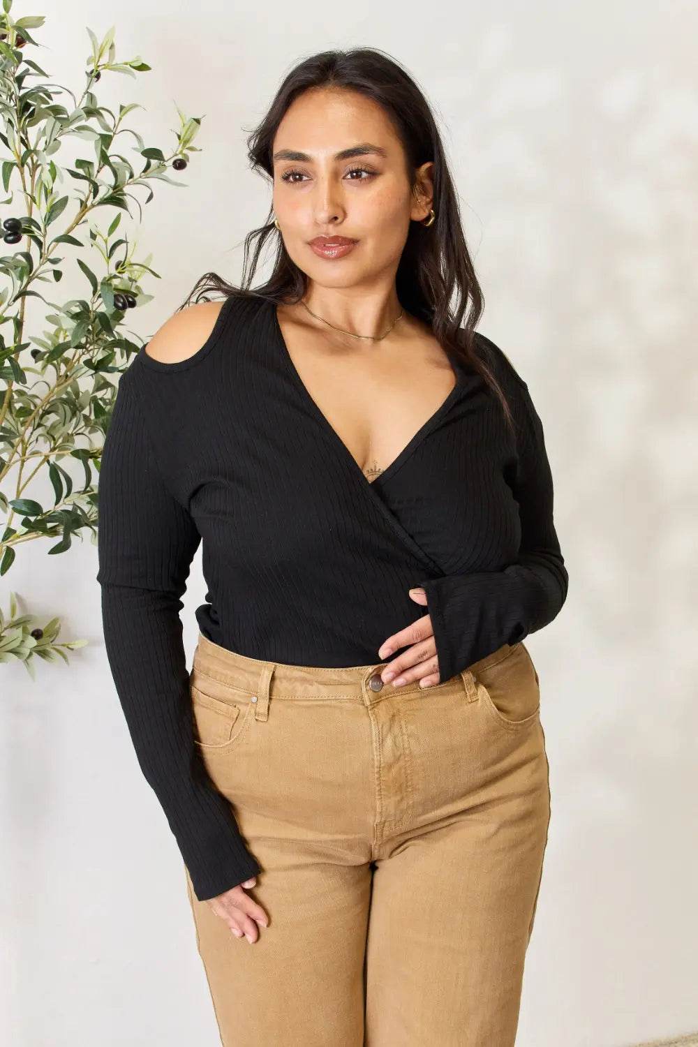 Culture Code Full Size Ribbed Surplice Cold Shoulder Top - Shop Style & More | Fresh Looks, Everyday Deals & Free Shipping
