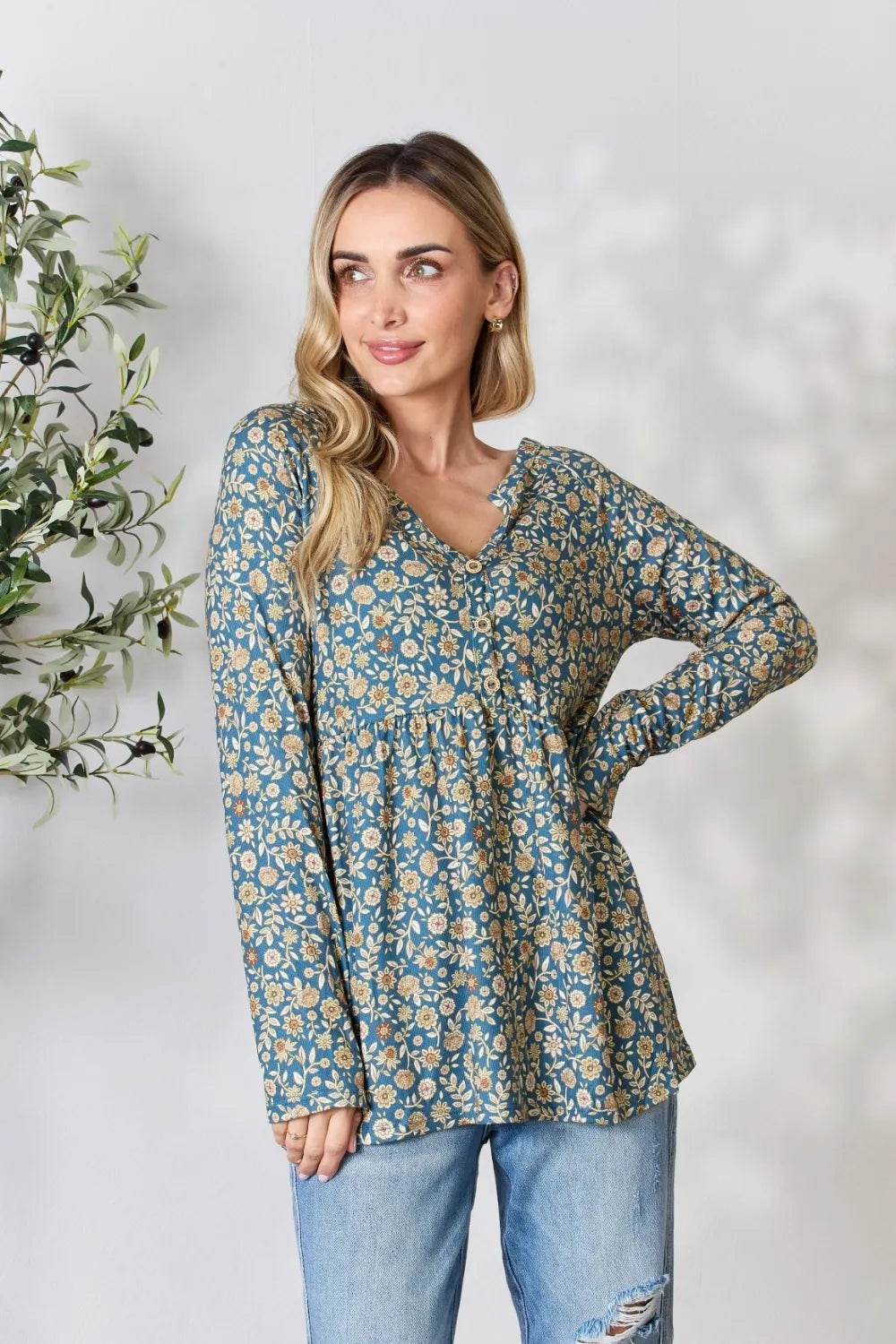 Heimish Full Size Floral Half Button Long Sleeve Blouse - Shop Style & More | Fresh Looks, Everyday Deals & Free Shipping