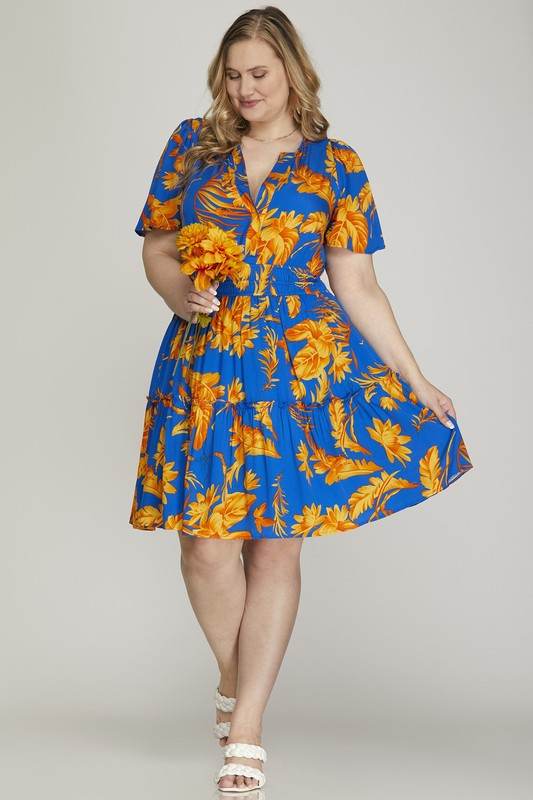 She + Sky Full Size Printed Notched Short Sleeve Frill Tiered Dress Plus Size - Shop Style & More | Fresh Looks, Everyday Deals & Free Shipping