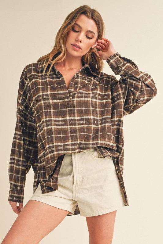 Aemi + Co Side Slit High-Low Plaid Long Sleeve Polo Shirt - Shop Style & More | Fresh Looks, Everyday Deals & Free Shipping