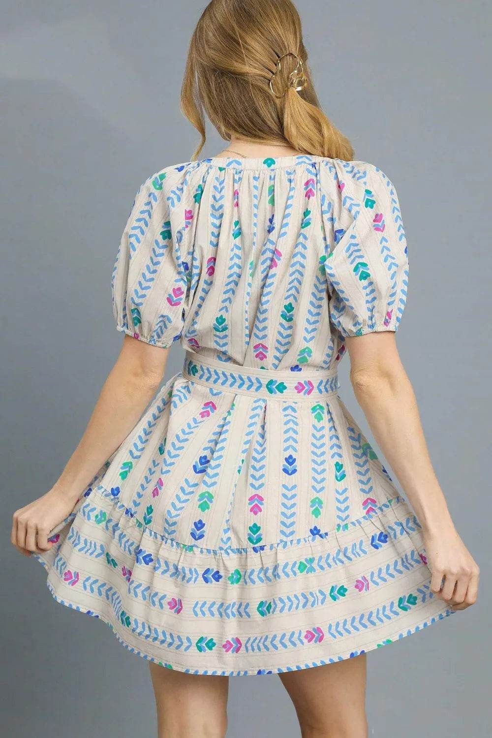 Umgee Printed Tie Waist Puff Short Sleeve Mini Dress - Shop Style & More | Fresh Looks, Everyday Deals & Free Shipping