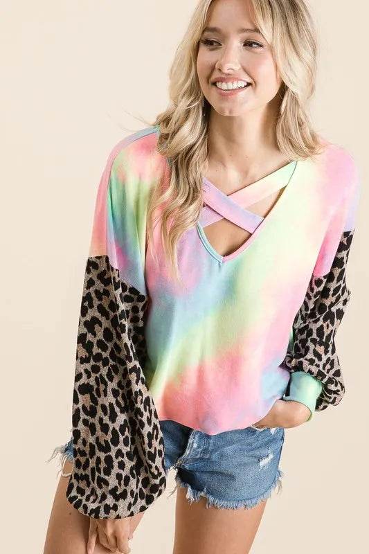 BiBi Tie Dye Terry Top with Leopard Puff Sleeves - Shop Style & More | Fresh Looks, Everyday Deals & Free Shipping