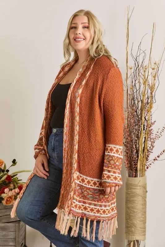 ADORA Full Size Fringe Hem Aztec Border Cardigan Plus Size - Shop Style & More | Fresh Looks, Everyday Deals & Free Shipping