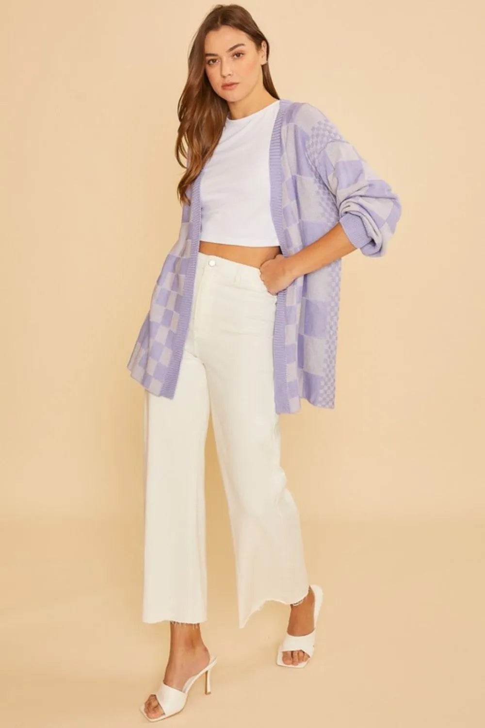 Annie Wear Checkered Open Front Drop Shoulder Cardigan - Shop Style & More | Fresh Looks, Everyday Deals & Free Shipping