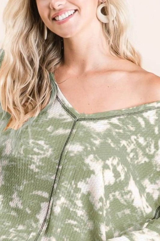 BiBi Tie Dye Print Waffle V Neck Top with Contrast - Shop Style & More | Fresh Looks, Everyday Deals & Free Shipping