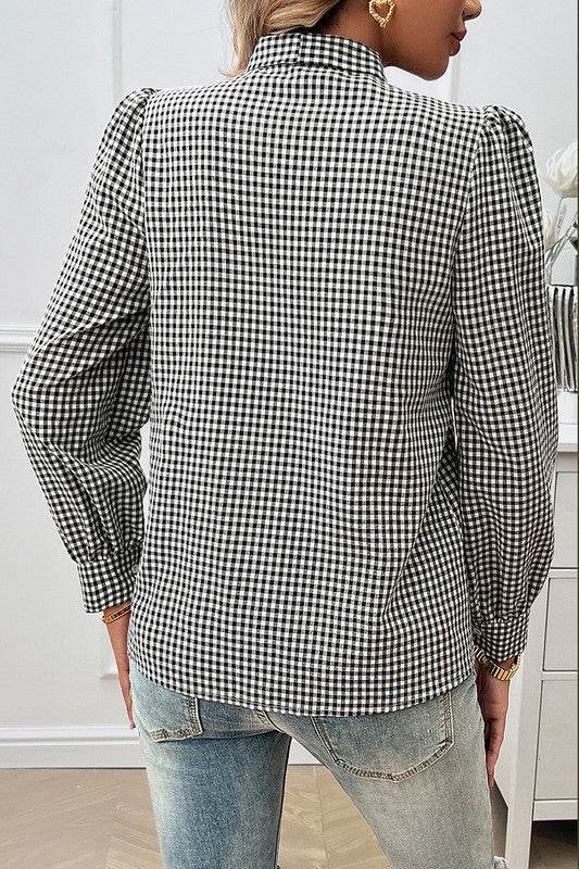 Plaid Puff Sleeves Loose Button Trim Knot Blouse - Shop Style & More | Fresh Looks, Everyday Deals & Free Shipping