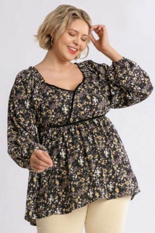 Umgee Full Size Floral Print Velvet Trimmed Balloon Sleeve Top Plus Size - Shop Style & More | Fresh Looks, Everyday Deals & Free Shipping