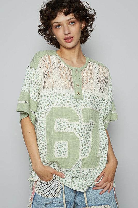 POL Number Floral Crochet Button Detail Half Sleeve Top - Shop Style & More | Fresh Looks, Everyday Deals & Free Shipping