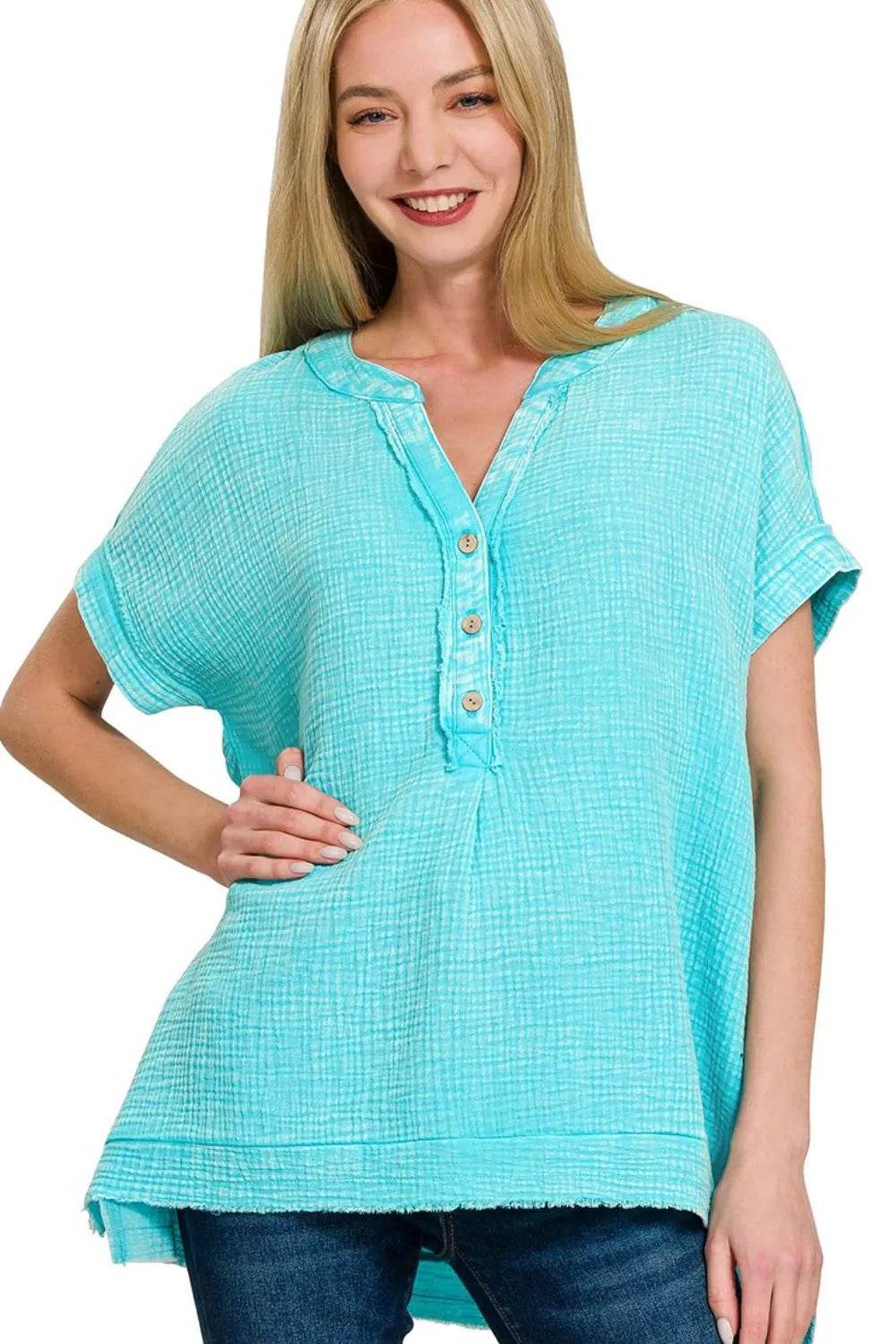 Zenana Washed Double Gauze 3/4 Button Henley Neck Shirt - Shop Style & More | Fresh Looks, Everyday Deals & Free Shipping