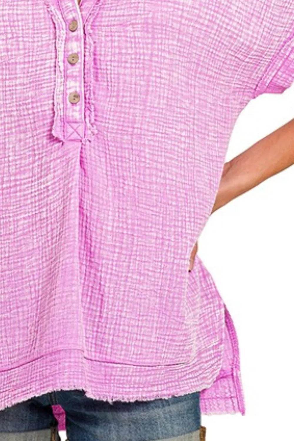 Zenana Washed Double Gauze 3/4 Button Henley Neck Shirt - Shop Style & More | Fresh Looks, Everyday Deals & Free Shipping