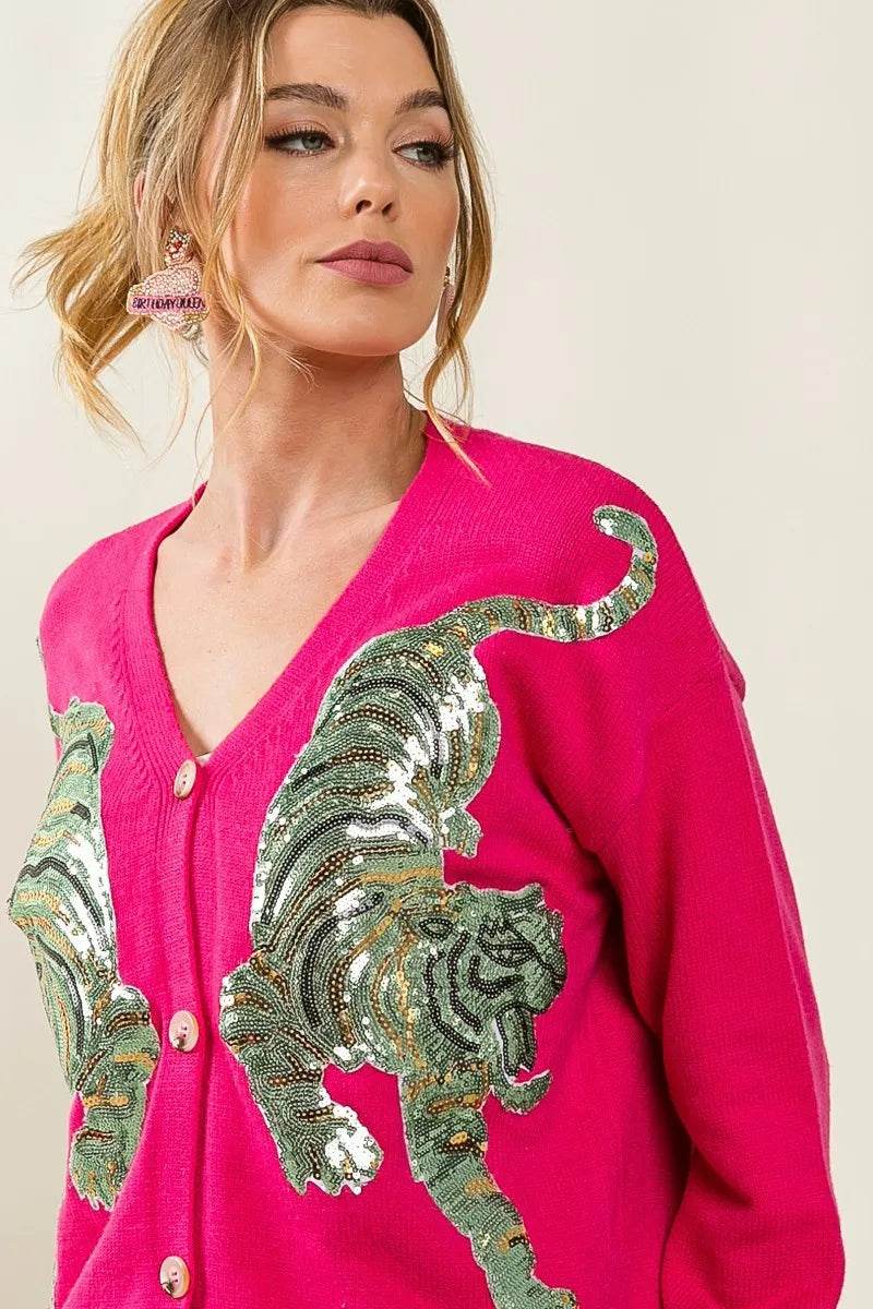BiBi Front Tiger Sequin Patch V-neck Sweater Cardigan - Shop Style & More | Fresh Looks, Everyday Deals & Free Shipping