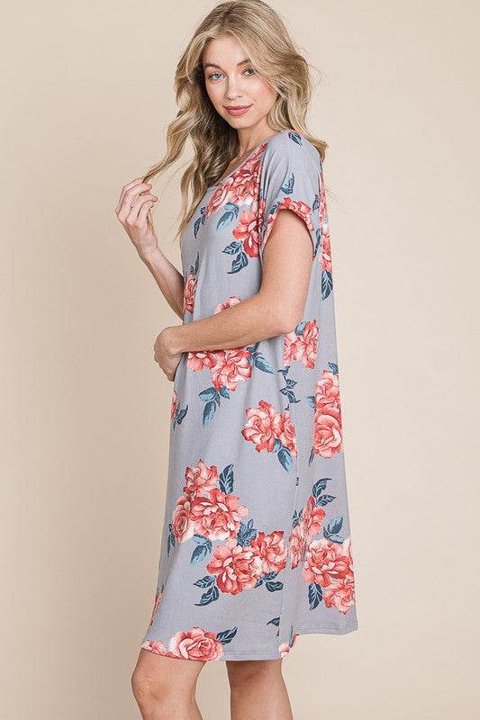BOMBOM Floral Round Neck Short Tee Dress with Pockets - Shop Style & More | Fresh Looks, Everyday Deals & Free Shipping