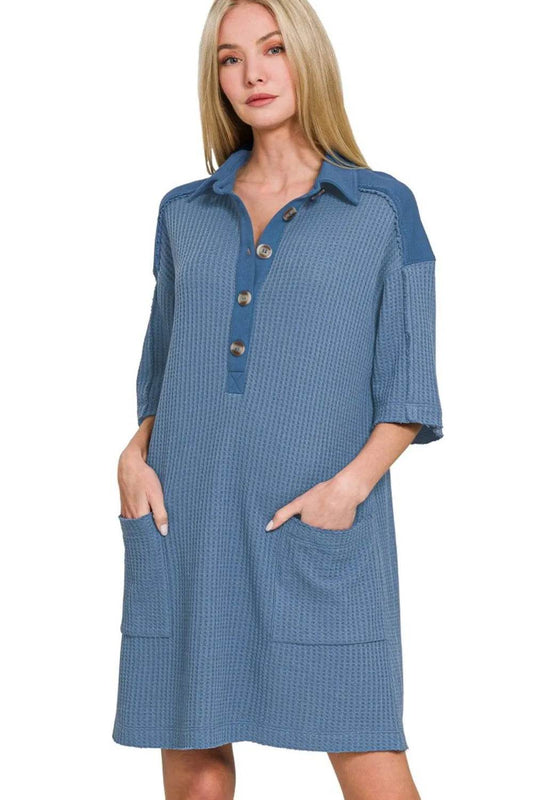 Zenana Waffle Half-Button Dress with Pocket - Shop Style & More | Fresh Looks, Everyday Deals & Free Shipping