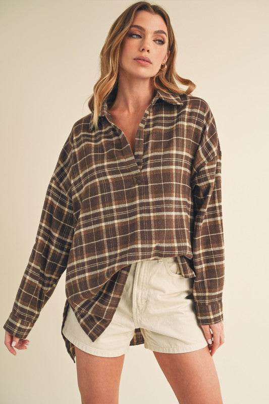 Aemi + Co Side Slit High-Low Plaid Long Sleeve Polo Shirt - Shop Style & More | Fresh Looks, Everyday Deals & Free Shipping