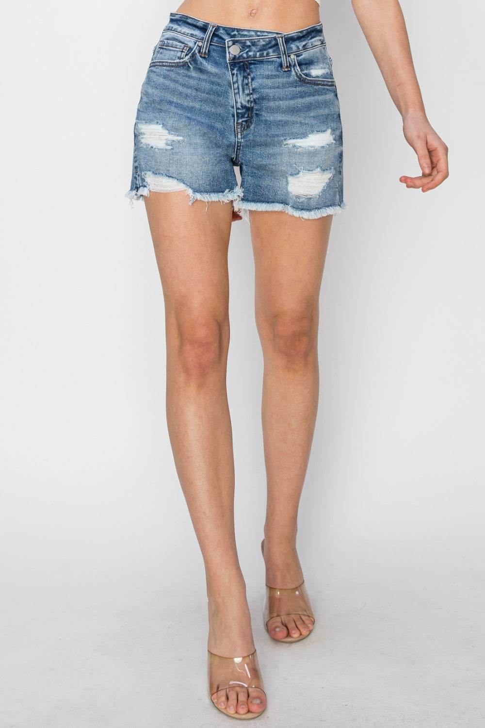 RISEN Stepped Waist Frayed Denim Shorts - Shop Style & More | Fresh Looks, Everyday Deals & Free Shipping