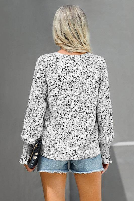 V Neck Dalmatian Print Bishop Sleeve Blouse - Shop Style & More | Fresh Looks, Everyday Deals & Free Shipping