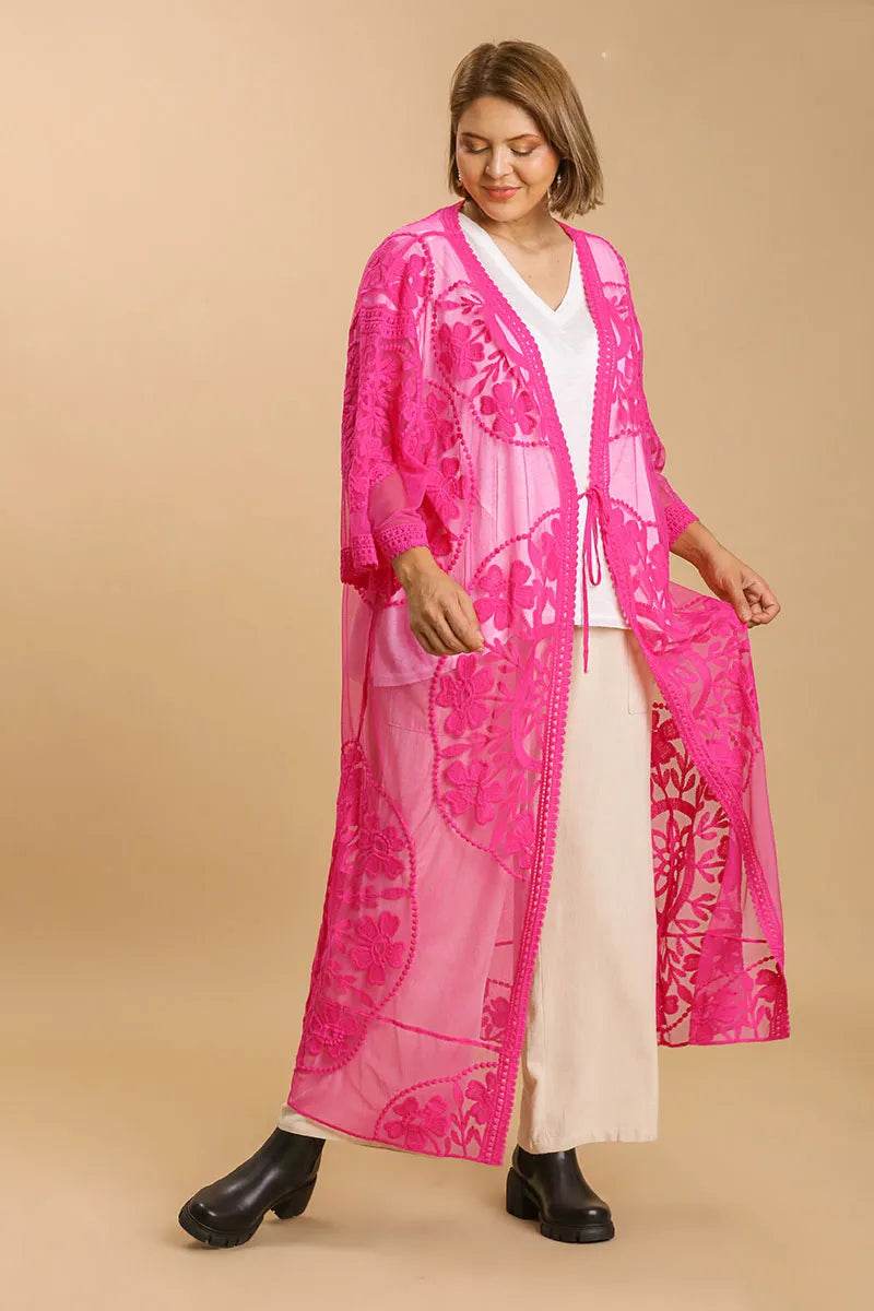 Umgee Full Size Floral Lace Open Front Long Kimono with Waist Tie Plus Size - Shop Style & More | Fresh Looks, Everyday Deals & Free Shipping
