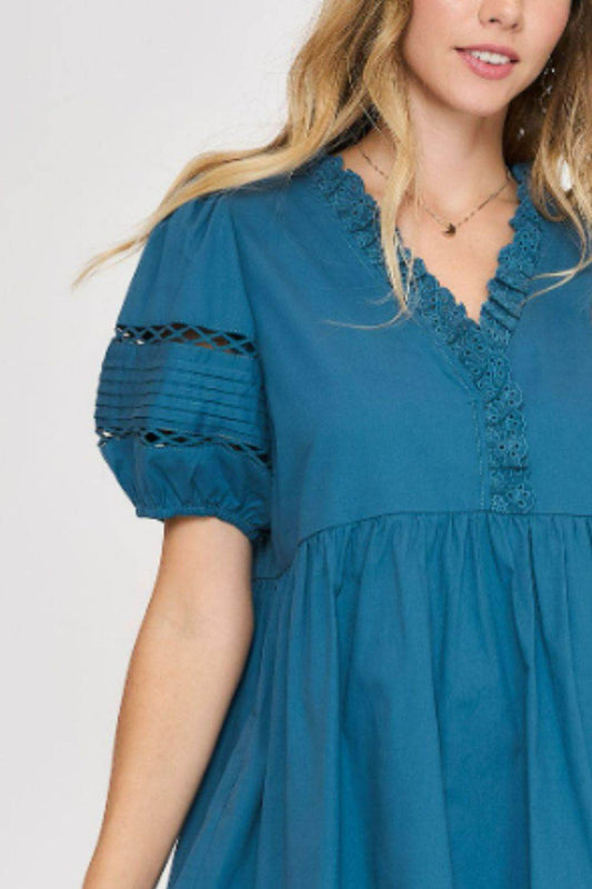 Umgee USA Full Size Lace Detail Puff Sleeve Mini Dress Plus Size - Shop Style & More | Fresh Looks, Everyday Deals & Free Shipping
