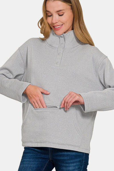 Zenana Turtleneck Half Snap Fleece Sweatshirt Gray Women's Hoodies & Sweaters