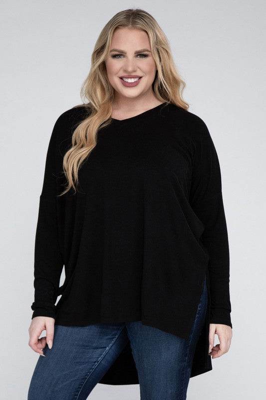 Plus Dolman Sleeve V-Neck Side Slit Hi-Low Hem Top - Shop Style & More | Fresh Looks, Everyday Deals & Free Shipping