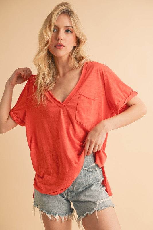 Aemi + Co Side Slit V-Neck Short Rolled Sleeve T-Shirt - Shop Style & More | Fresh Looks, Everyday Deals & Free Shipping