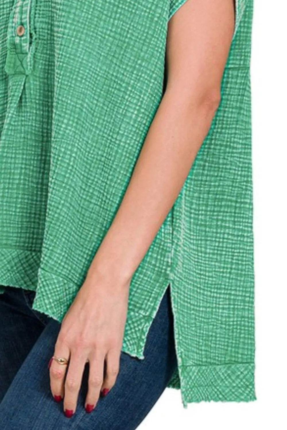 Zenana Washed Double Gauze 3/4 Button Henley Neck Shirt - Shop Style & More | Fresh Looks, Everyday Deals & Free Shipping