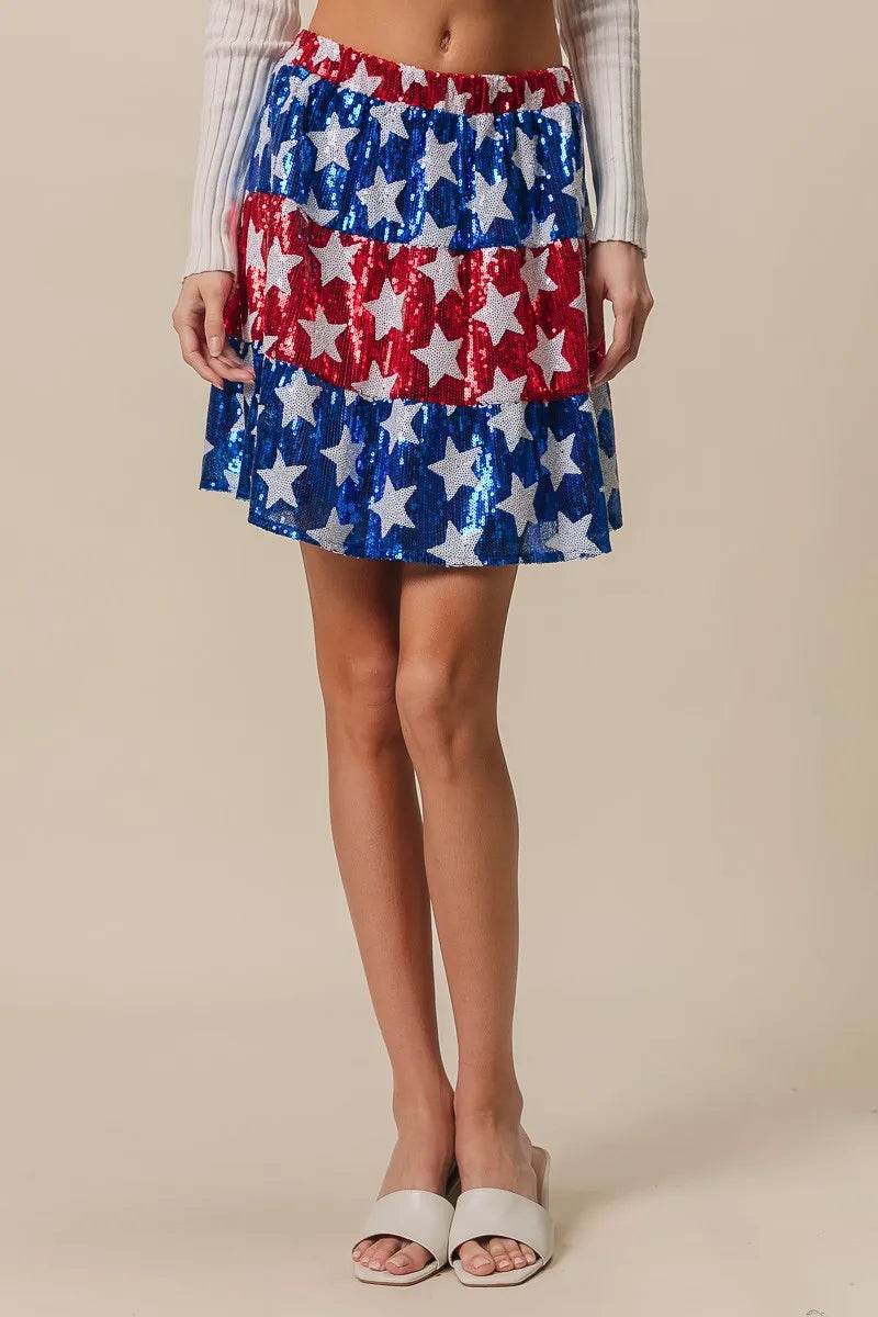 BiBi American Flag Theme Star Sequin Tiered Skirt - Shop Style & More | Fresh Looks, Everyday Deals & Free Shipping