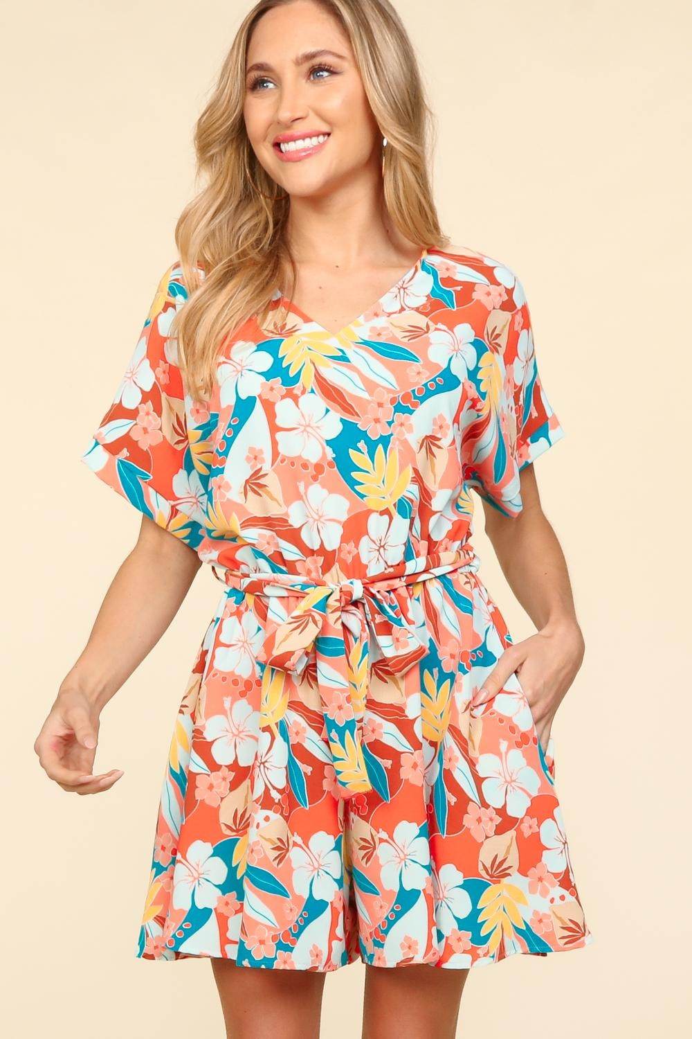 Haptics Tropical Floral Short Sleeve Tied Romper - Shop Style & More | Fresh Looks, Everyday Deals & Free Shipping