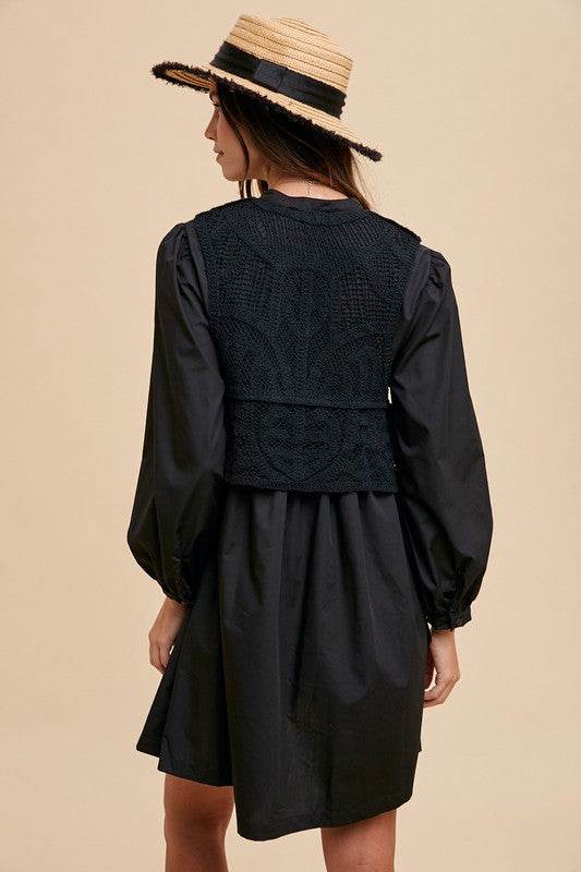 Annie Wear Crochet Vest Notched Long Sleeve Shirt Dress - Shop Style & More | Fresh Looks, Everyday Deals & Free Shipping