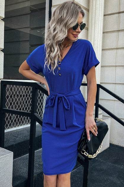 Solid Button Detail Cuffed Pocket Short Dress - Shop Style & More | Fresh Looks, Everyday Deals & Free Shipping