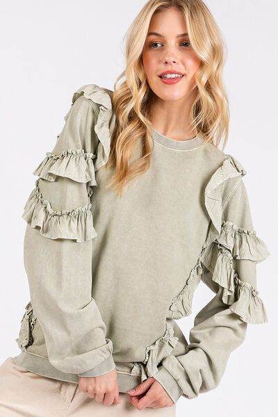 Mittoshop Ruffled Mineral Washed Round Neck Long Sleeve Sweatshirt - Shop Style & More | Fresh Looks, Everyday Deals & Free Shipping