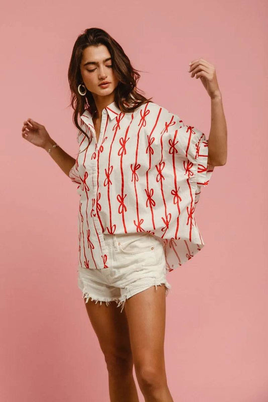 BiBi Bow Ribbon Woven Printed Button Down Shirt - Shop Style & More | Fresh Looks, Everyday Deals & Free Shipping