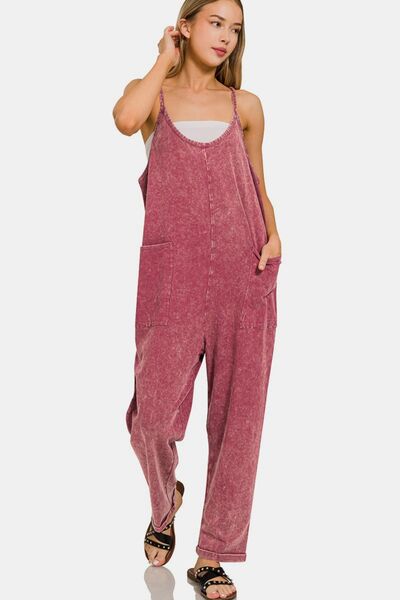 Zenana Washed Spaghetti Straps Overalls with Pockets Dk Burgundy Jumpsuits