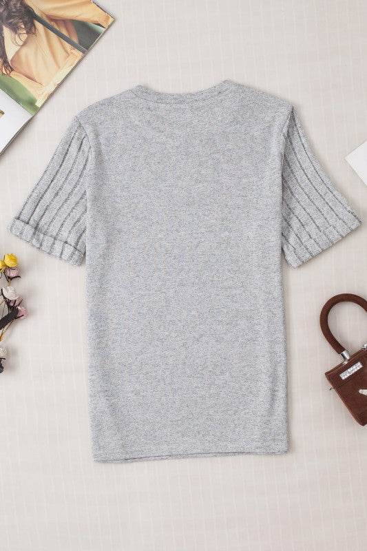 Alma Ribbed Splicing Sleeve Round Neck Top - Shop Style & More | Fresh Looks, Everyday Deals & Free Shipping
