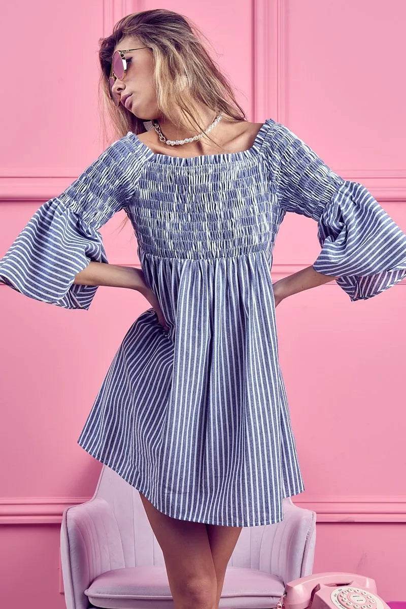 BiBi Smocked Off Shoulder Striped Dress - Shop Style & More | Fresh Looks, Everyday Deals & Free Shipping