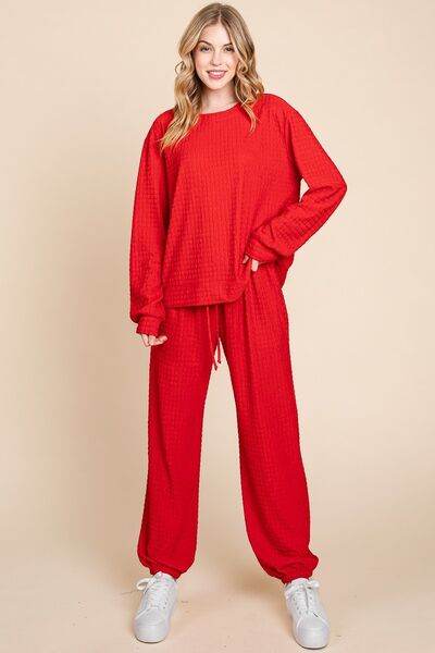 Super Lady Full Size Crinkle Check Round Neck Top and Pants Lounge Set - Shop Style & More | Fresh Looks, Everyday Deals & Free Shipping
