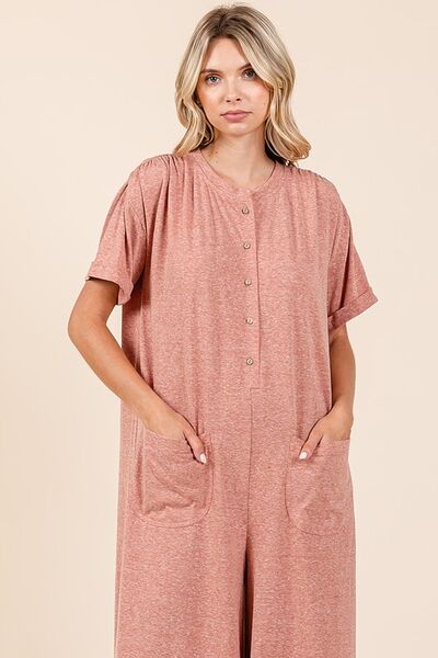 Mittoshop Button Detail Jumpsuit - Short Sleeve Wide Leg Jumpsuit Jumpsuits