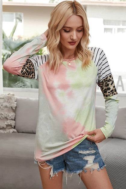 Crew Neck Patchwork Tie Dye Fit Loose Shirt - Shop Style & More | Fresh Looks, Everyday Deals & Free Shipping