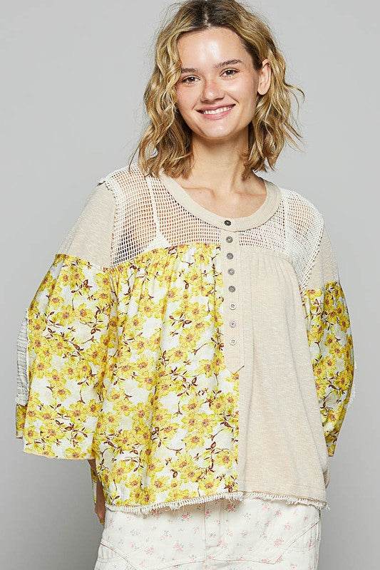 POL Washed Floral Print Crochet Detail Top - Shop Style & More | Fresh Looks, Everyday Deals & Free Shipping