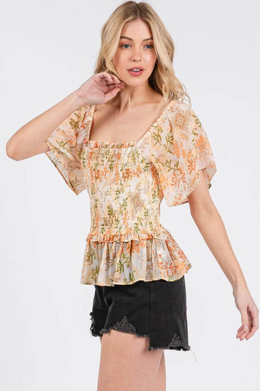 Mittoshop Floral Chiffon Smocked Square Neck Peplum Top - Shop Style & More | Fresh Looks, Everyday Deals & Free Shipping