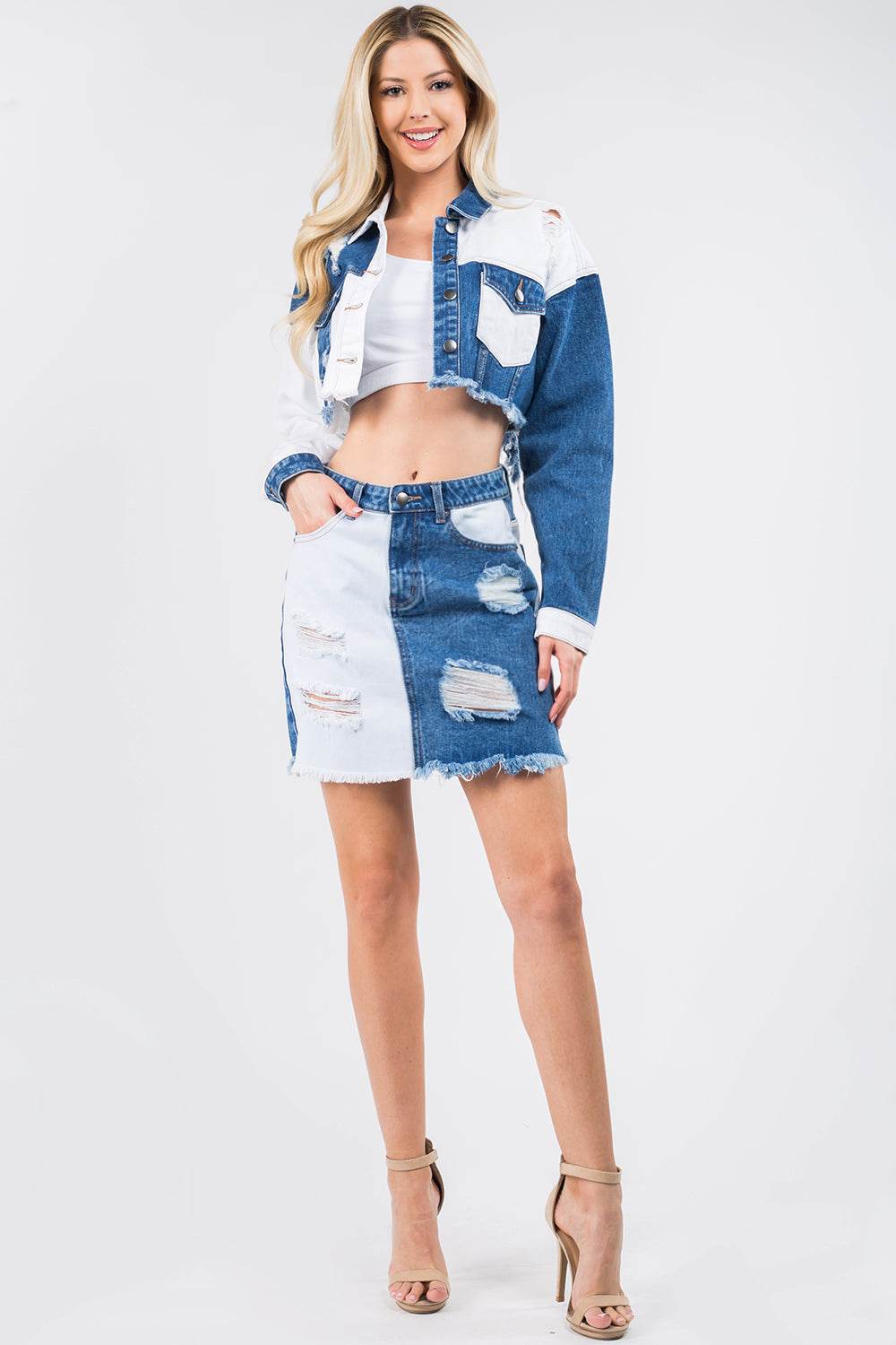 American Bazi Contrast Patched Frayed Denim Distressed Skirts - Shop Style & More | Fresh Looks, Everyday Deals & Free Shipping